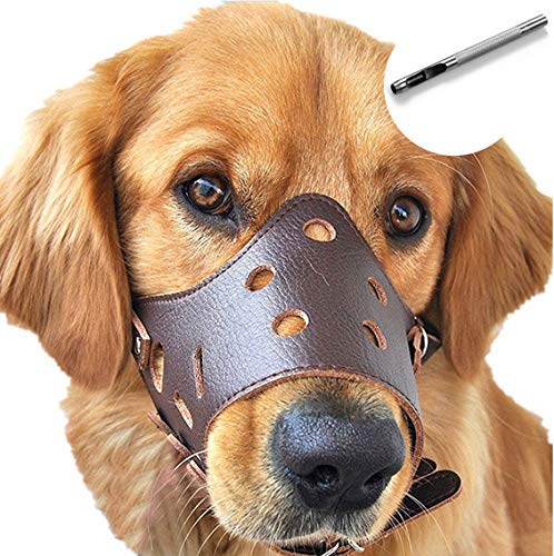 BARKLESS Dog Muzzle Leather, Comfort Secure Anti-Barking Muzzles for Dog, Breathable and Adjustable, Allows Drinking and Eating, Used with Collars Medium Brown - BeesActive Australia