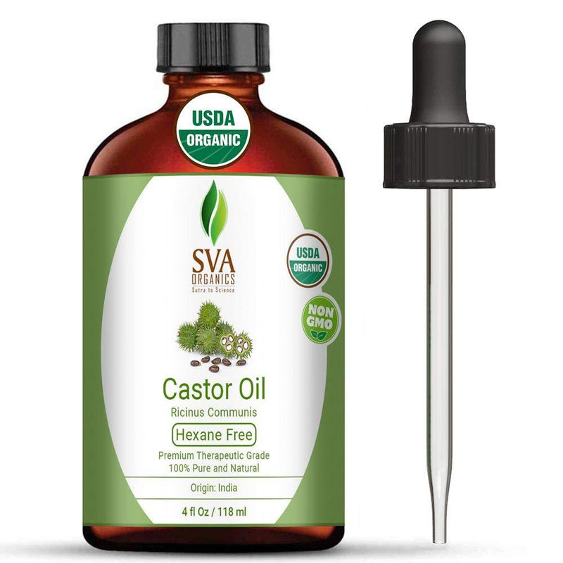 SVA ORGANICS 100% PURE CASTOR OIL WITH DROPPER 4 Oz (118 ML) THERAPEUTIC GRADE | COLD PRESSED, HEXANE FREE - HAIR GROWTH, EYELASHES, EYEBROWS, SKIN & BODY MASSAGE. - BeesActive Australia