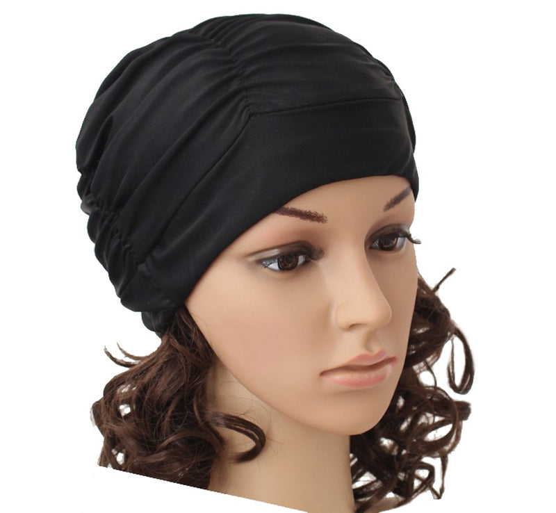 Ewanda store Colorful Pleated Nylon Cloth Swim Cap Large Swimming Cap Hot Spring Bathing Caps for Adult Men Women Long Hair Black - BeesActive Australia
