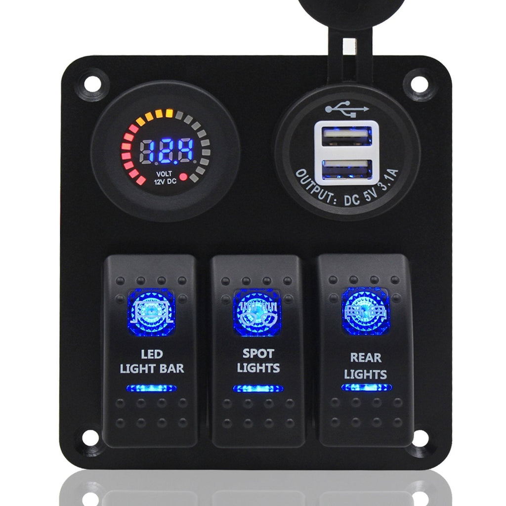 [AUSTRALIA] - Switch Panel, FABOOD 3 Gang Waterproof Rocker Switches Panel with DC 12V Digital Voltmeter / 3.1A Dual USB and 3 LED Lights Switchs for Marine Boat Car RV 