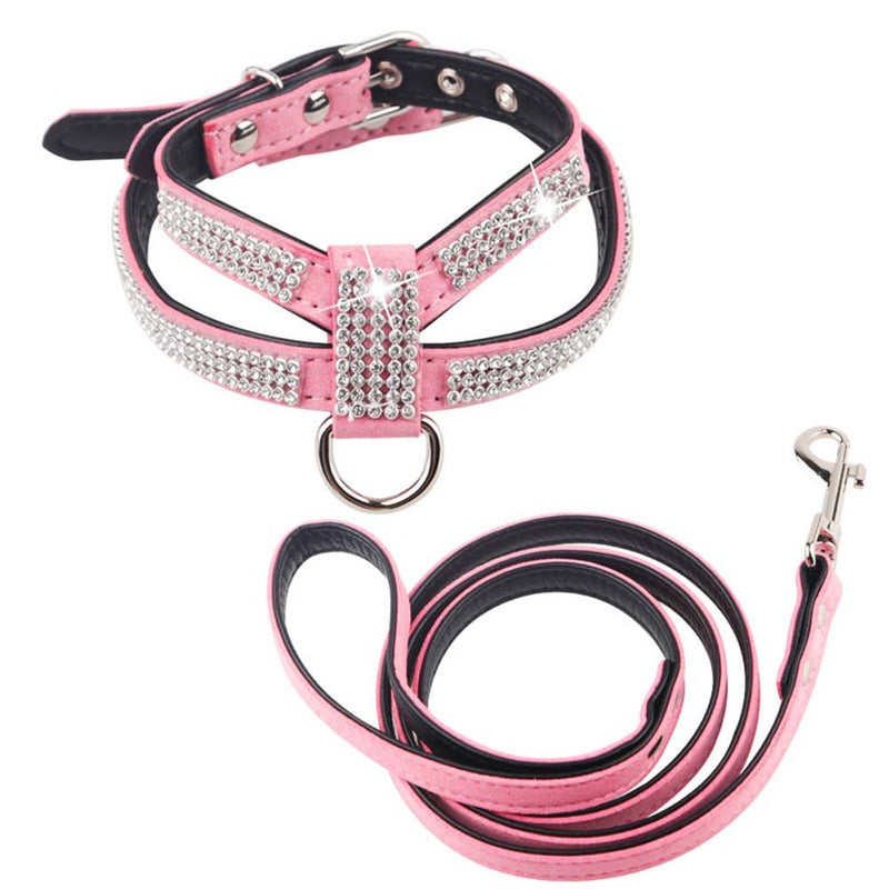 Dogs Kingdom Full Rhinestone Crystal Pet Dog Harness Leash Set Customized Rhinestone Puppy Small Dog Chihuahua Harness Leash 2Pcs Medium Pink - BeesActive Australia