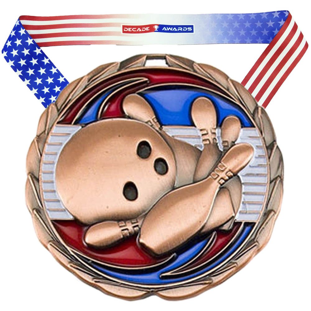 Decade Awards Bowling Color Medal - 2.5 Inch Wide Tournament Medallion with Stars and Stripes American Flag V Neck Ribbon BRONZE - BeesActive Australia