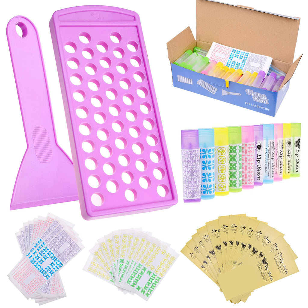 Lip Balm Crafting Kit - Easy Lip Balm Filling Tray and Spatula - 50 Empty Lip Balm Tubes with Caps (10x5 colors) - 3/16 Oz (5.5 ml) - 50 Writeable and 50 Printed Stickers - M - BeesActive Australia