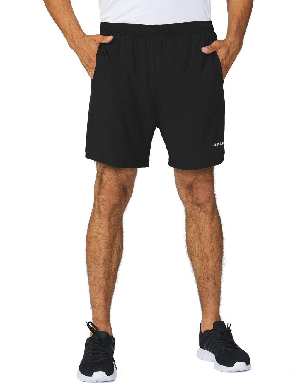 [AUSTRALIA] - BALEAF Men's 5 Inches Running Athletic Shorts Zipper Pocket A01- Black Large 