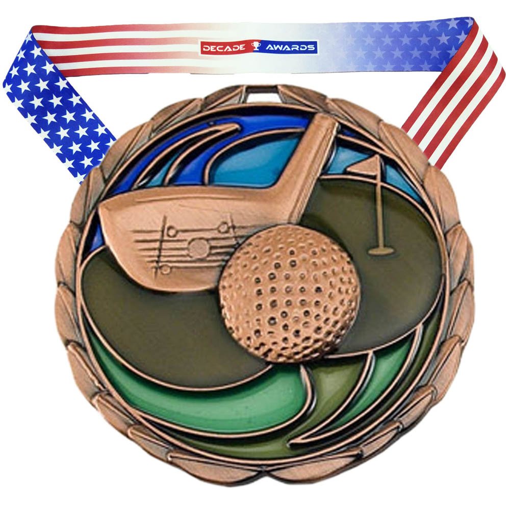 Decade Awards Golf Color Medal - 2.5 Inch Wide Tournament Medallion with Stars and Stripes American Flag V Neck Ribbon BRONZE - BeesActive Australia