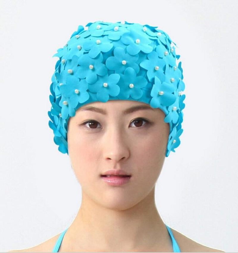 [AUSTRALIA] - Wendin Ladies Long Hair Flowers Pearl Swim Cap Pure Manual Bead Petals Bathing Comfortable Nylon Cloth Flowers Swimming Caps Swimming Hats 12" Front to Back 21" Around 12" Side to Side Light Blue 