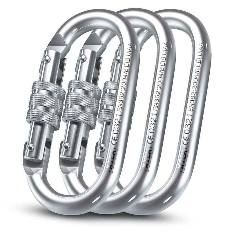 25kn Climbing Carabiner Clip - Heavy Duty O-Shape Steel Locking Caribeaner - UIAA / CE Certified Rock Climbing Gear - Strong Large Locking Oval Caribeener for Mountain Climbing 3pc - BeesActive Australia