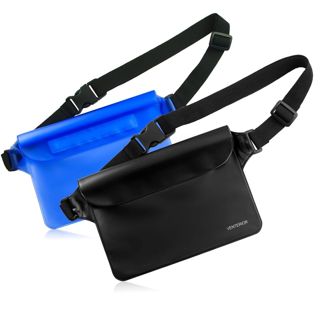 [AUSTRALIA] - Venterior Waterproof Pouch 2 Pack with Adjustable Waist Strap - Keep Your Phone Wallet Safe and Dry - Dry Bag for Swimming Snorkeling Boating Sailing Water Parks Blue & Black 