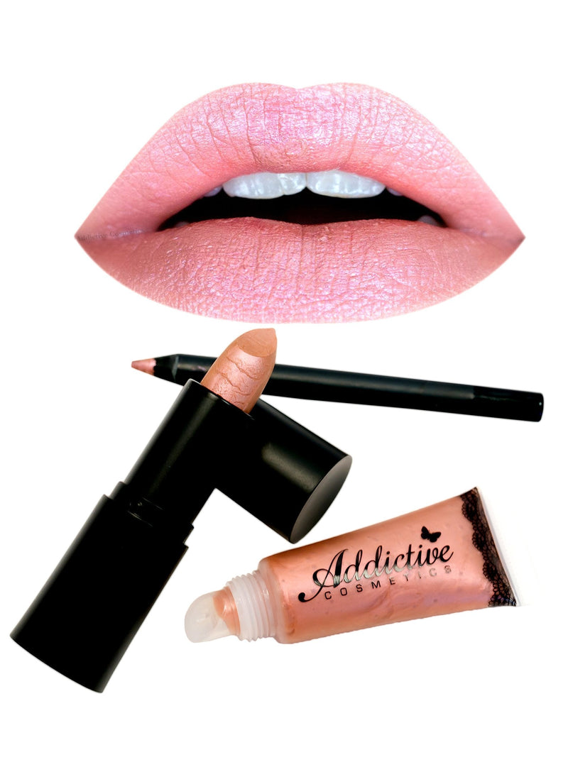 Brown Pink Lipstick, Lipliner and Lip Gloss Set by Addictive Cosmetics- All Natural Organic Lipstick, Liner and Lip Gloss- Vegan Friendly and Cruelty Free Cosmetics- Made in the USA- FAWN - BeesActive Australia