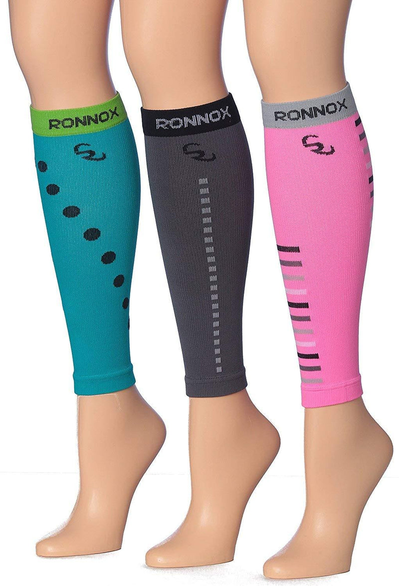 Ronnox Women's 3-Pairs Bright Colored Calf Compression Tube Sleeves (16-20 mmHg / 12-14 mmHg Great for Athletic & Medical Use Small 3 Pairs, Patterned B - BeesActive Australia