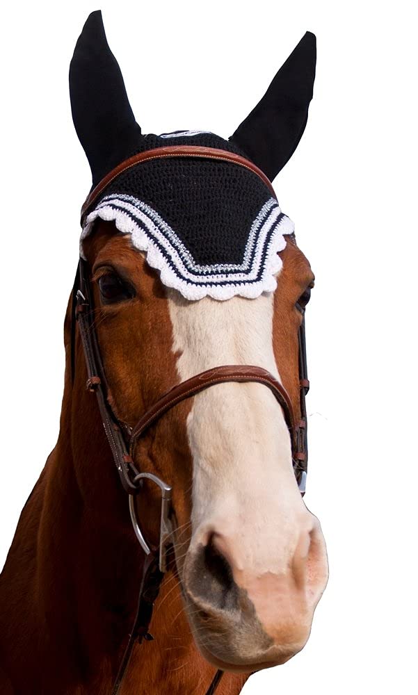 Equine Couture Fly Bonnet with Silver Lurex & Contrast Color Black/White Full - BeesActive Australia