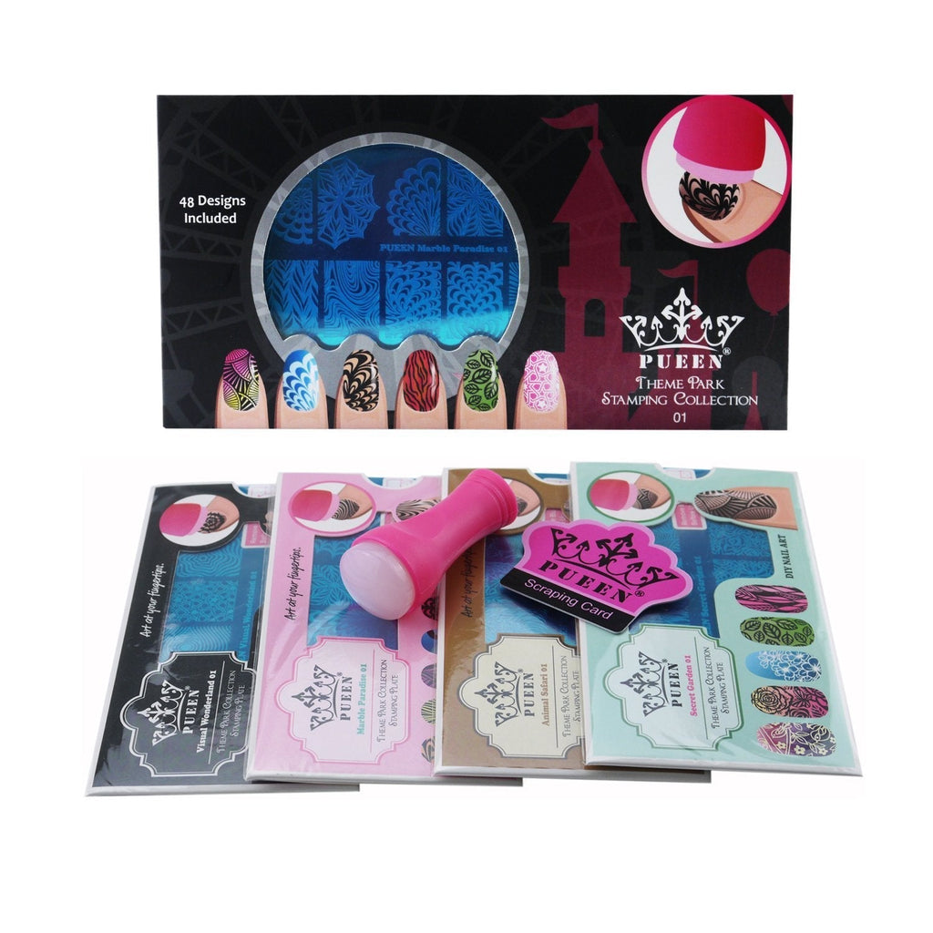 PUEEN Nail Art Stamping THEME PARK GIFT SET 01-4 Theme Park Plates - 125x65mm Unique Nailart Polish Stamping Manicure Image Plate Accessories Kit -BH000859 - BeesActive Australia