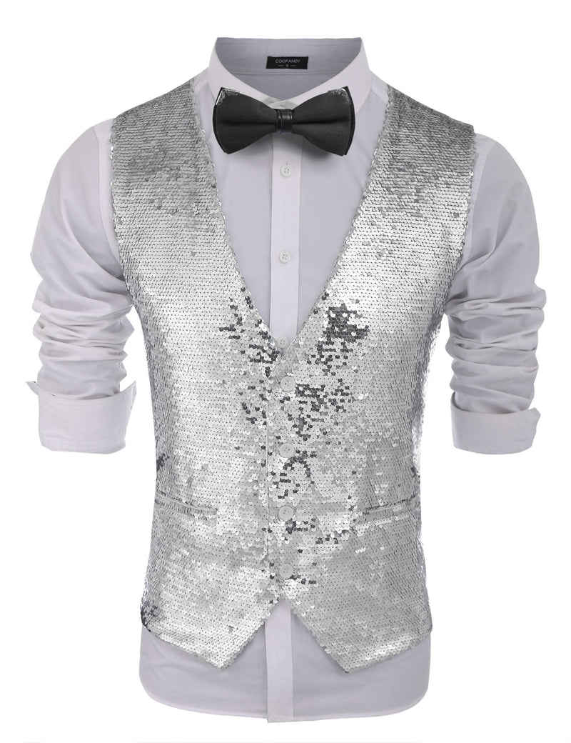 COOFANDY Men's Slim Fit Sequins Vest V-Neck Shiny Party Dress Suit Stylish Vest Waistcoat Silver XX-Large - BeesActive Australia