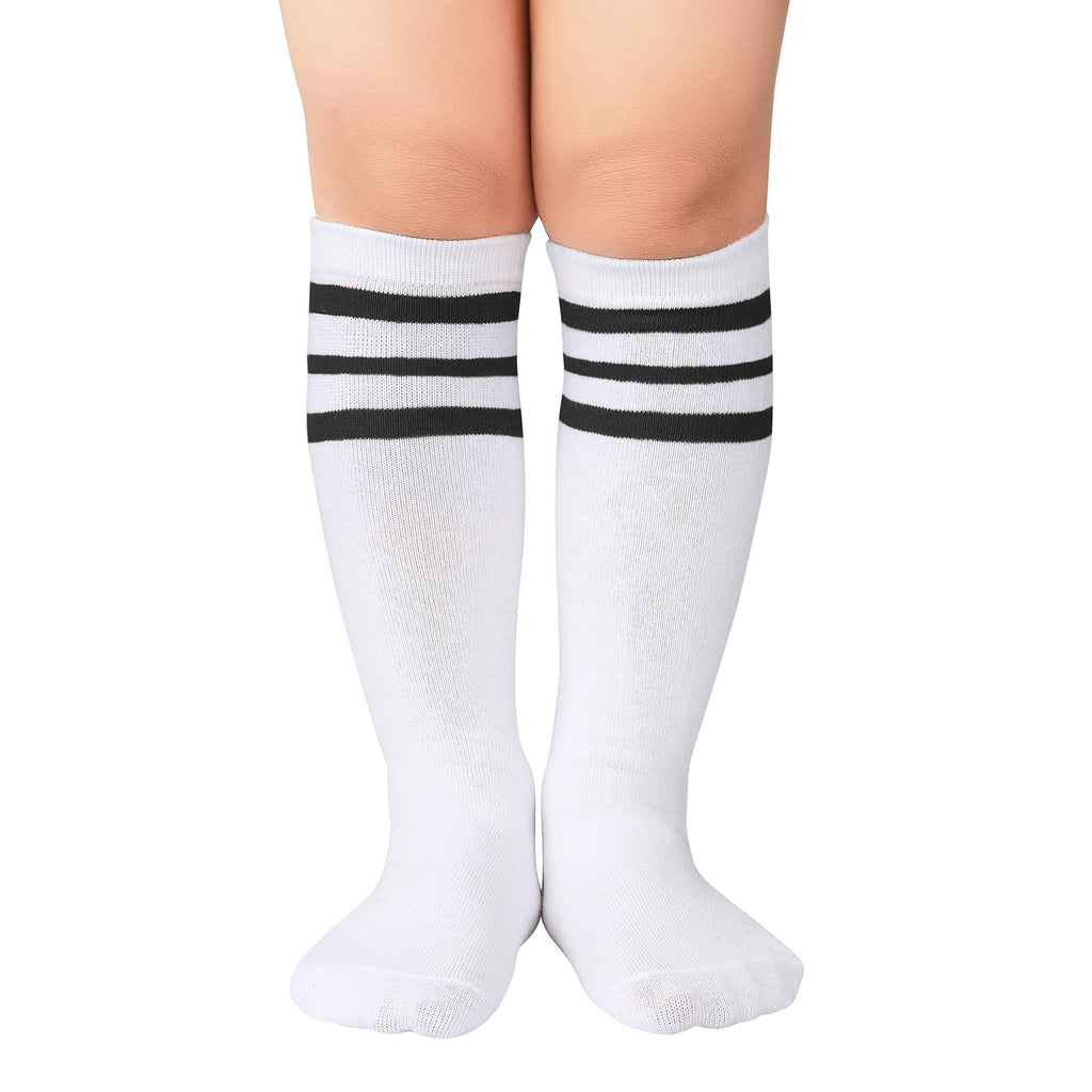 Zando Kids Child Cotton Three Stripes Sport Soccer Team Socks Uniform Tube Cute Knee High Stocking for Boys Girls One Size D White Black - BeesActive Australia