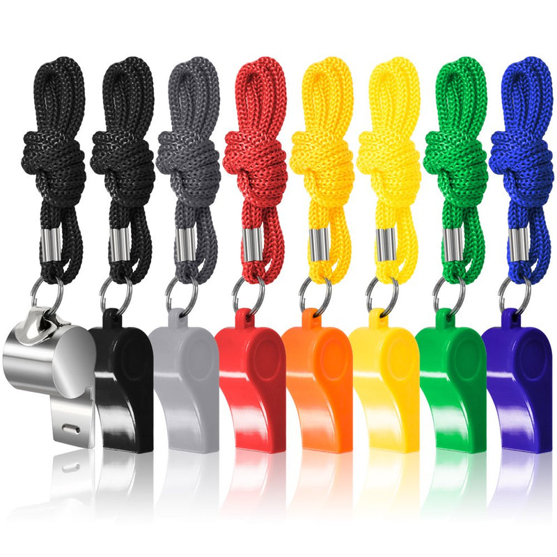 FineGood 7 Pack Plastic Coaches Referee Whistles with Lanyards, 1 Pcs Stainless Steel Metal one, Colorful Whistles for Football Sports Lifeguards Survival Emergency Training - Multi-Color - BeesActive Australia