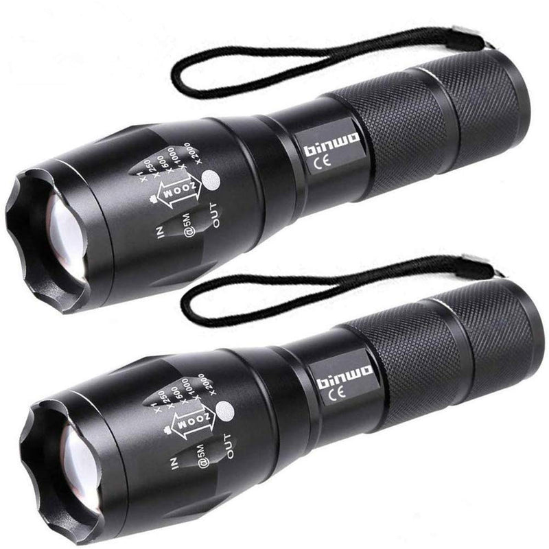 LED Tactical Flashlight, BINWO Super Bright High Lumen XML T6 LED Flashlights Portable Outdoor Water Resistant Torch Light Zoomable Flashlight with 5 Light Modes, 2 Pack Black - BeesActive Australia