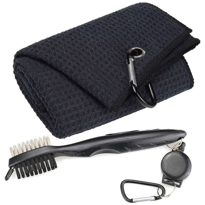 Mile High Life Microfiber Waffle Pattern Tri-fold Golf Towel | Brush Tool Kit with Club Groove Cleaner, Retractable Extension Cord and Clip Black Towel+black Brush - BeesActive Australia