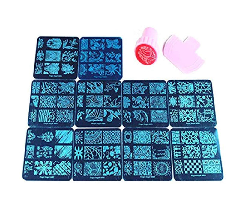 Finger Angel 10Pcs Nail Plates +1 Nail Stamper + 1 Nail Scraper Nail Art Image Stamp Stamping Plates Manicure Template Nail Art Tools (A1-10) - BeesActive Australia