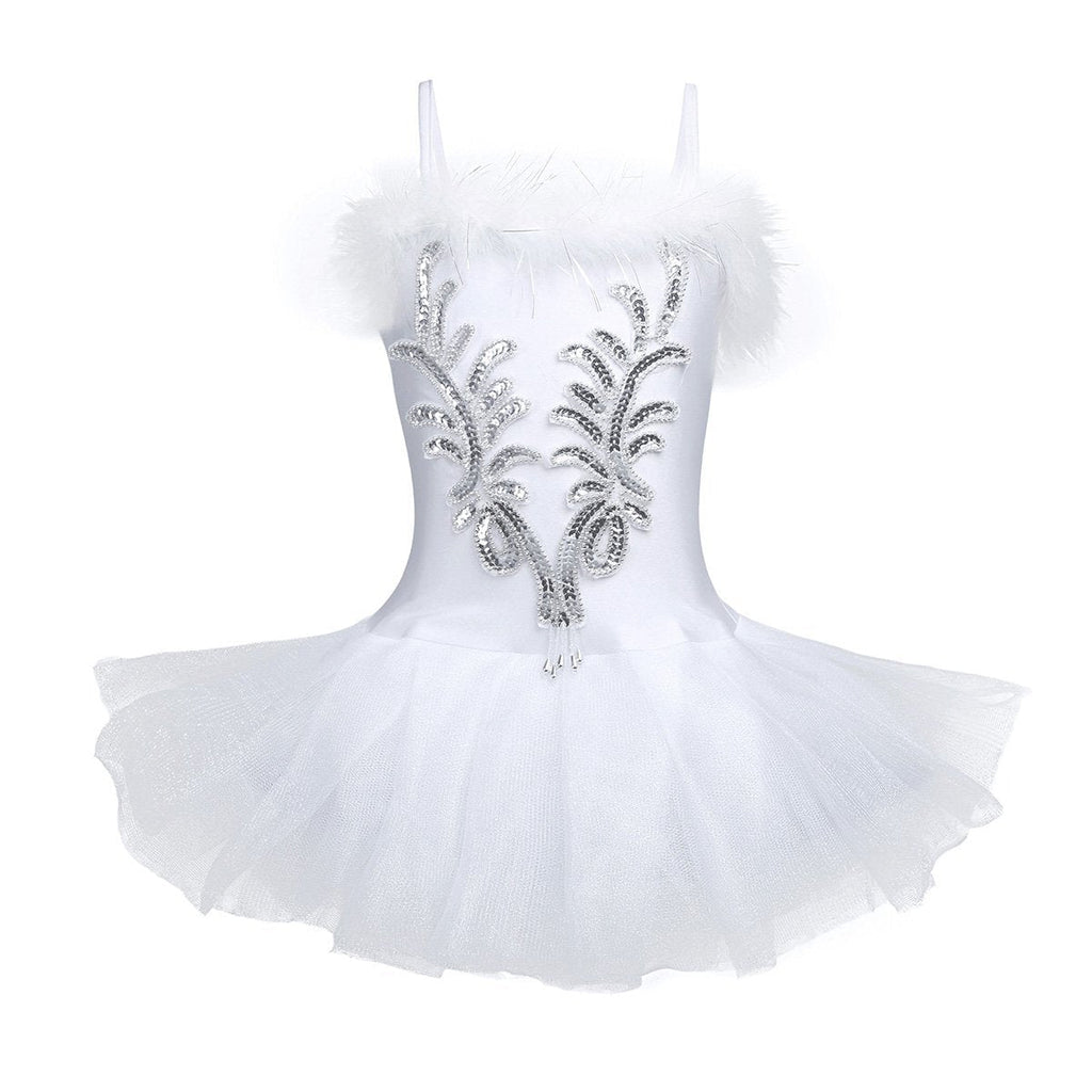 [AUSTRALIA] - YiZYiF Girls Spaghetti Strap Sequined Gymnastic Ballet Dance Tutu Dress Leotard Skirt with Long Gloves & Hair Clip White 10 / 12 