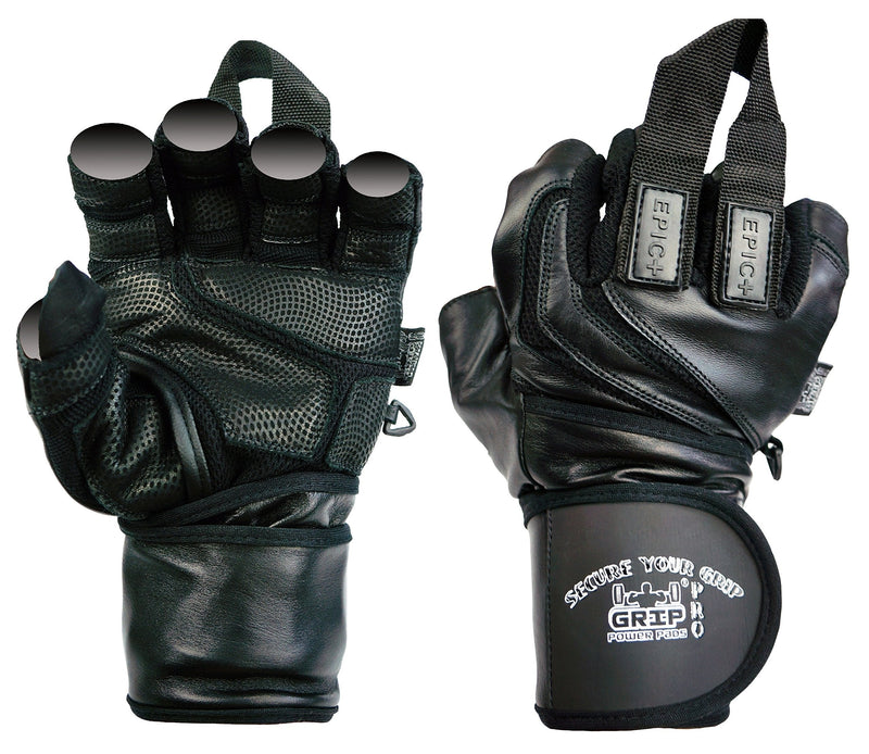 Epic Leather Gym Gloves with Built in 2" Wide Wrist Wraps Grip & Design for Weightlifting Power Lifting Bodybuilding & Strength Training Workout Exercises BLACK Medium 7 5/8" - 8" - BeesActive Australia