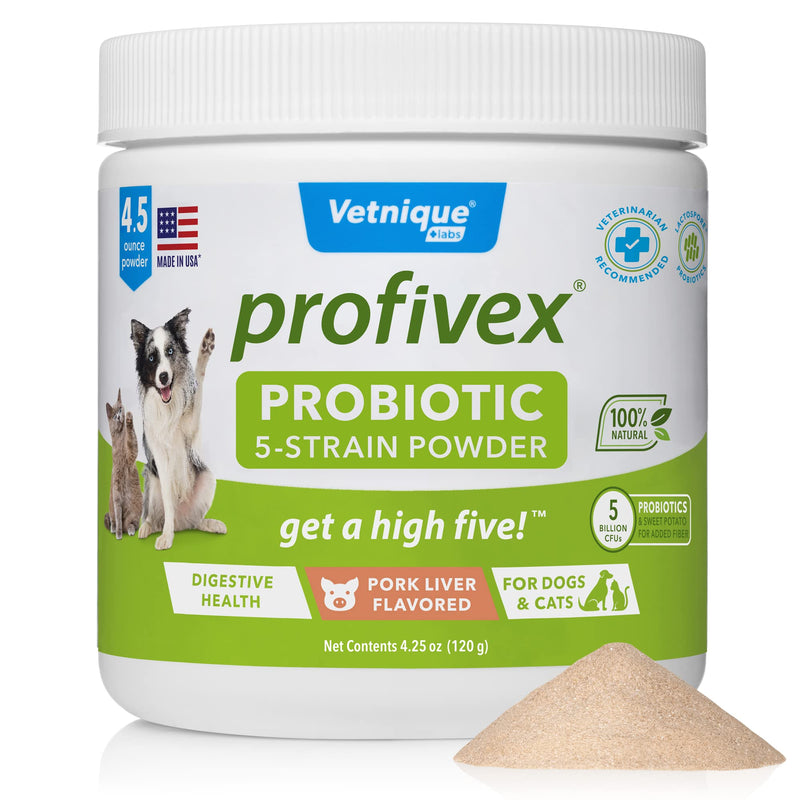 VETNIQUE Labs Profivex Probiotics for Dogs and Cats: Daily Pet Digestive 5 Strain Probiotics Powder with Prebiotics & Added Fiber from Sweet Potato - Pork Liver Flavor 4.25 oz - BeesActive Australia