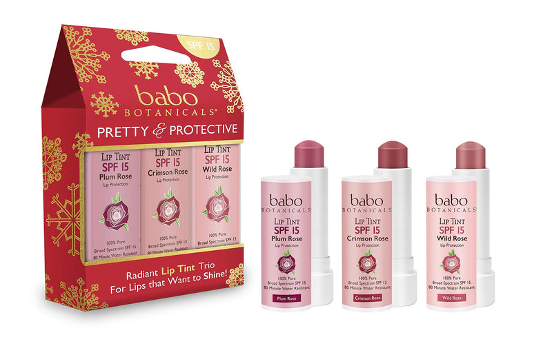 Babo Botanicals 70+% Organic Tinted Lip Conditioner SPF 15, Holiday Trio, Water-Resistant Lip Balm - 3-Pack 0.15 oz, pink (SG_B075G17BXV_US) - BeesActive Australia