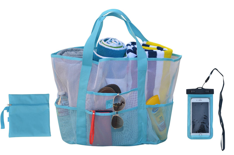 Omnife Oversize Mesh Beach Bag, Toy Tote Bag, Gym Bag, Grocery Picnic Utility Bag, with 7 Large Pockets and Free Waterproof Cell Phone Case Included Blue - BeesActive Australia