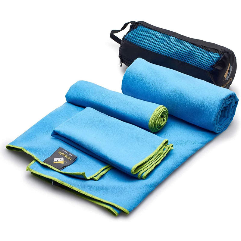 OlimpiaFit Microfiber Towels - Quick Dry 3 Size Pack (51inx31in, 30inx15in, 15inx15in) Camping, Sports, Beach, Backpacking, Gym, Travel Towels with Bag - Soft, Compact, Lightweight Blue - BeesActive Australia