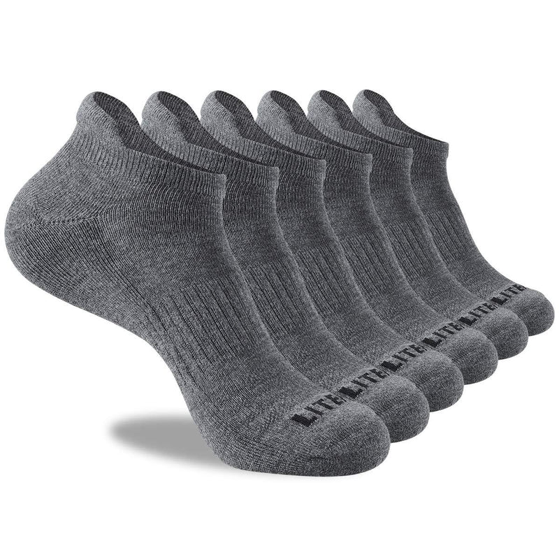 [AUSTRALIA] - LITERRA Mens Ankle Socks 6 Pack Low Cut Athletic Running Cushioned Tab Socks Grey Shoe Size: 6-12 