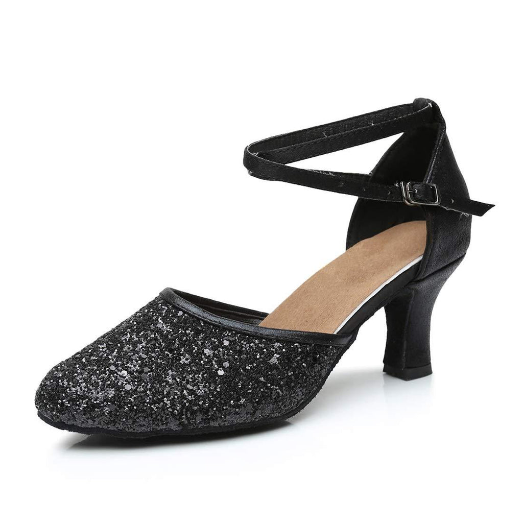 [AUSTRALIA] - iCKER GetMine Womens Latin Dance Shoes Heeled Ballroom Salsa Tango Party Sequin Dance Shoes 7.5 Black 
