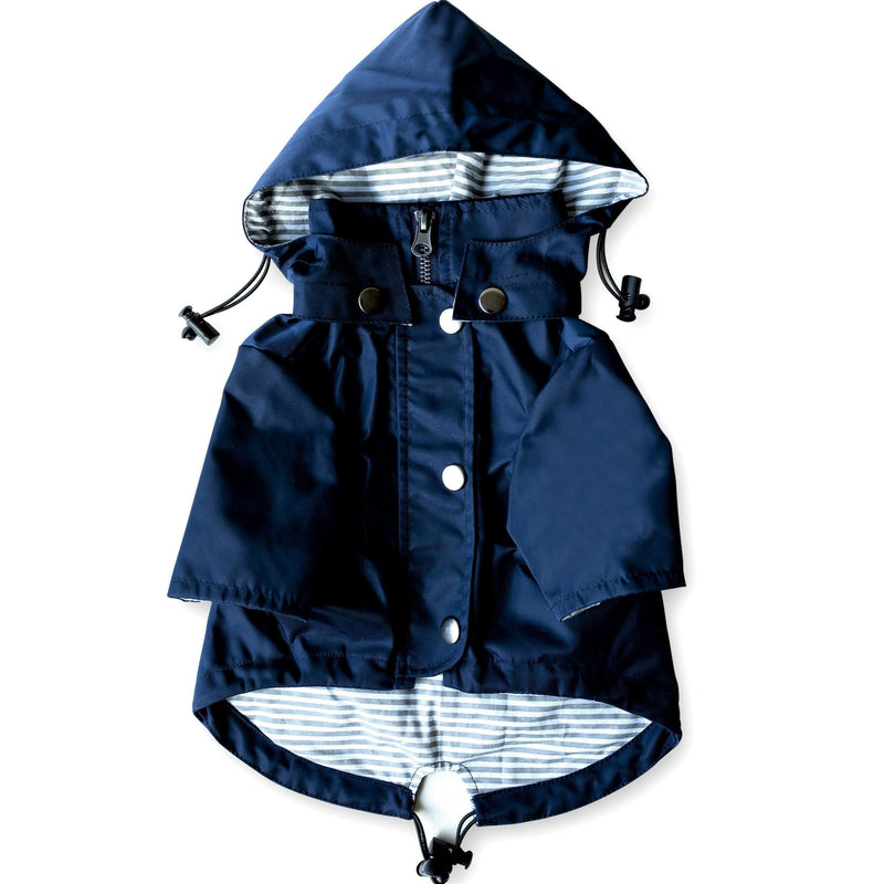 Navy Blue Zip Up Dog Raincoat with Reflective Buttons, Pockets, Rain/Water Resistant, Adjustable Drawstring, & Removable Hood - Size XS to XXL Available - Stylish Premium Dog Raincoats by Ellie L - BeesActive Australia