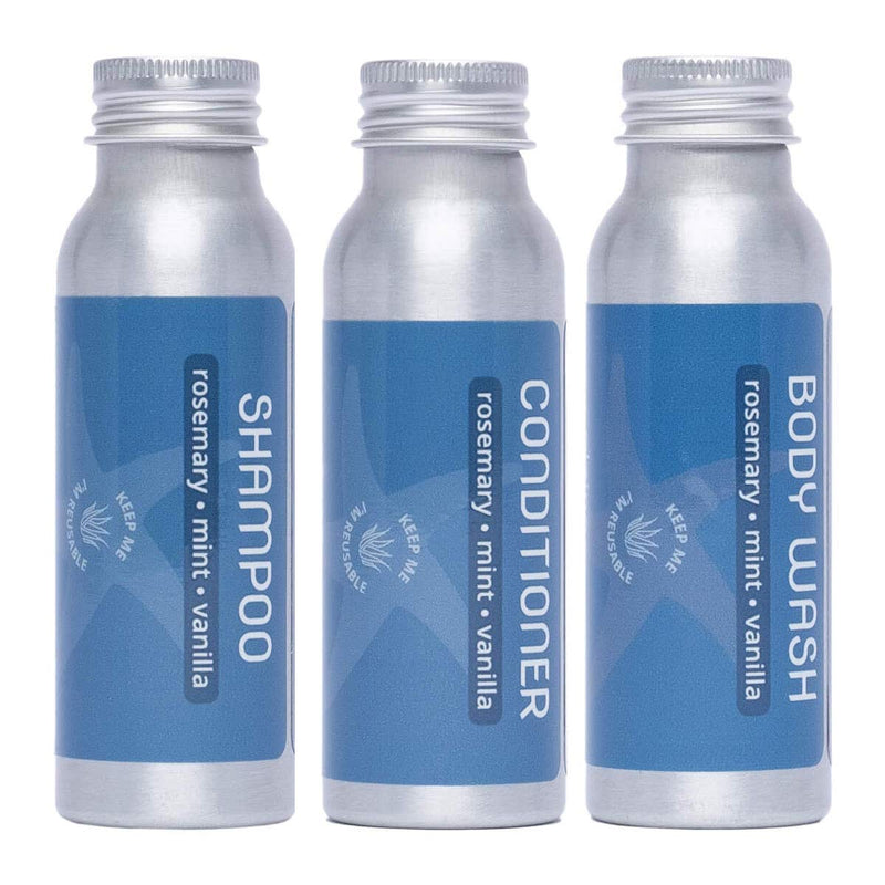 Travel Size Shampoo, Conditioner and Body Wash - Rosemary, Mint, Vanilla - Sulfate Free, Refillable Bottle, 2.5 oz - BeesActive Australia