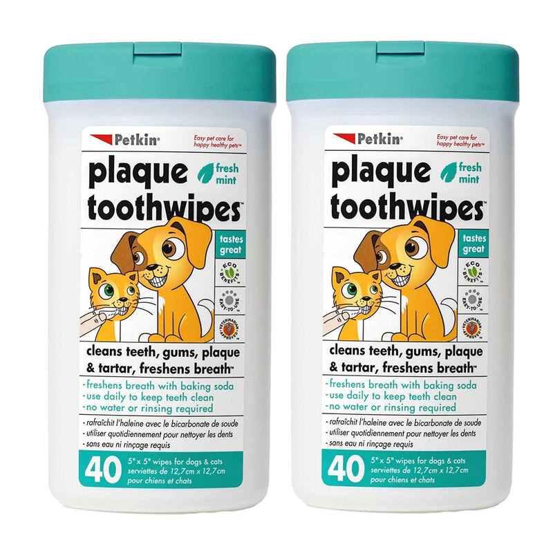 Petkin Plaque Toothwipes, Fresh Mint Wipes - Natural Formula Cleans Teeth, Gums & Freshens Breath - Convenient, & Easy to Use Oral Care Dental Pet Wipes for Dogs, Cats, Puppies & Kittens 2 Pack - 80 Wipes - BeesActive Australia