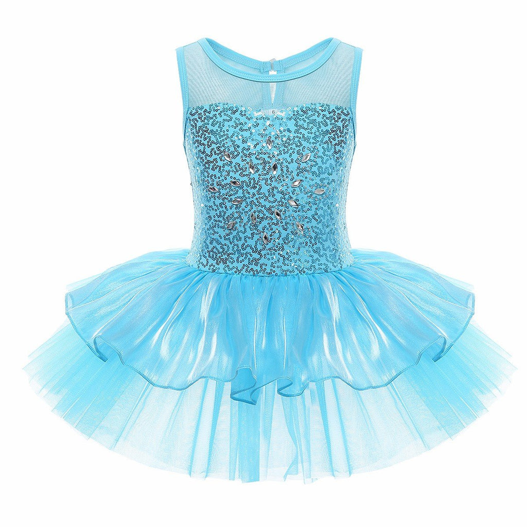 iiniim Kids Girls Sequined Mesh Splice Ballet Dance Dress Ballerina Gymnastics Leotard with Tutu Skirt Dancewear 7-8 Blue - BeesActive Australia