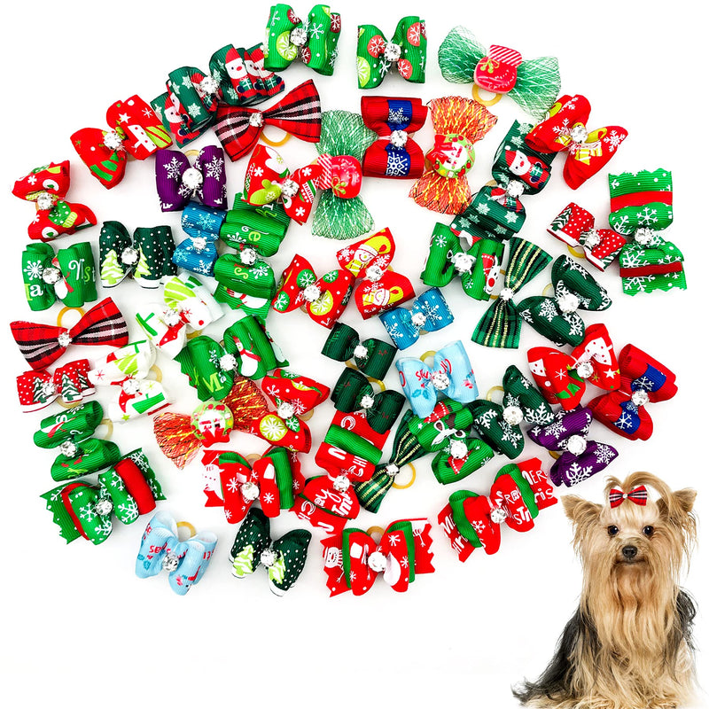 PET SHOW 50pcs/Pack Christmas Small Dog Hair Bows with W/Rubber Bands Xmas Cat Puppy Medium Large Dogs Grooming Topknot Hair Accessories Random Color - BeesActive Australia