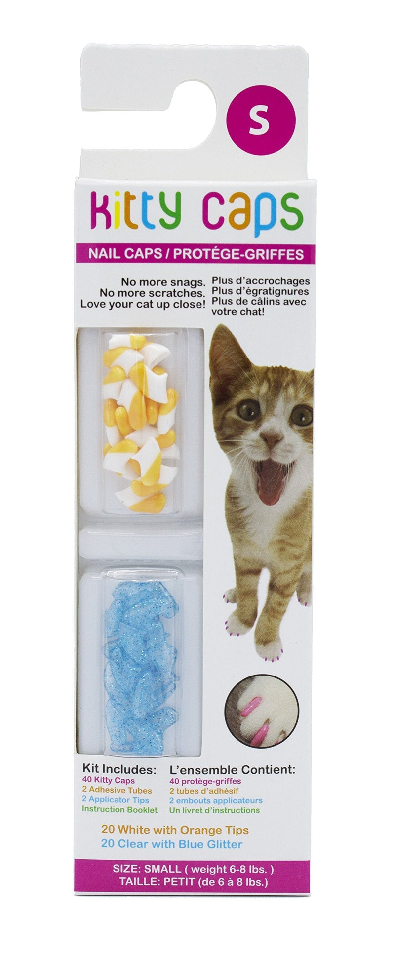 Kitty Caps Nail Caps for Cats - Cat Claw Covers in White with Orange & Clear with Blue Glitter - Safe, Stylish & Humane Alternative to Declawing - Stops Snags and Scratches - Cat Claw Caps Small (6-8 lbs) 1-Pack - BeesActive Australia