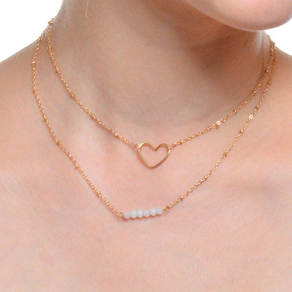 FXmimior Fashion Women 2 Tiers Heart Pendant Beads Necklace Jewelry for Girl Women - BeesActive Australia