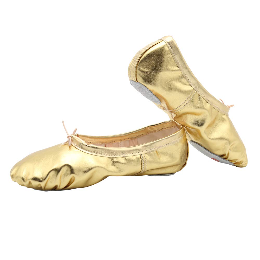 Womens Leather Ballet Belly Slippers Ballroom Dance Shoes with Suede Split-Sole 10 Gold - BeesActive Australia