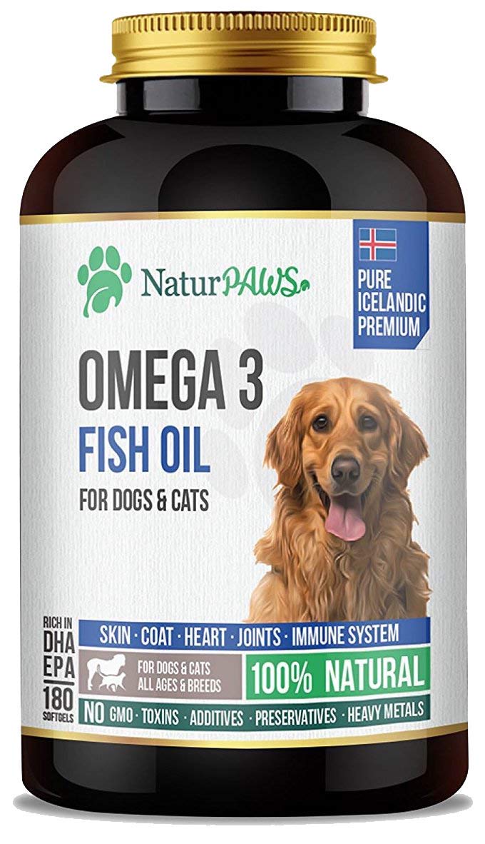 NaturPAWS Omega 3 Fish Oil Supplement for Dogs and Cats - 1000 mg Pure DHA and EPA Omegas - Supports Healthy Coat and Skin, Heart, Immune System, Joints and Hip - 180 softgels - BeesActive Australia