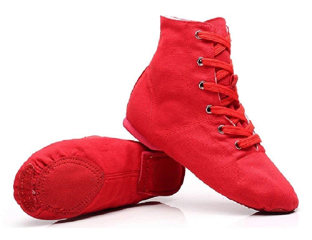 [AUSTRALIA] - NLeahershoe Lace-up Canvas Dance Shoes Flat Jazz Boots for Practice, Suitable for Both Men and Women (2.5K/34, red) 