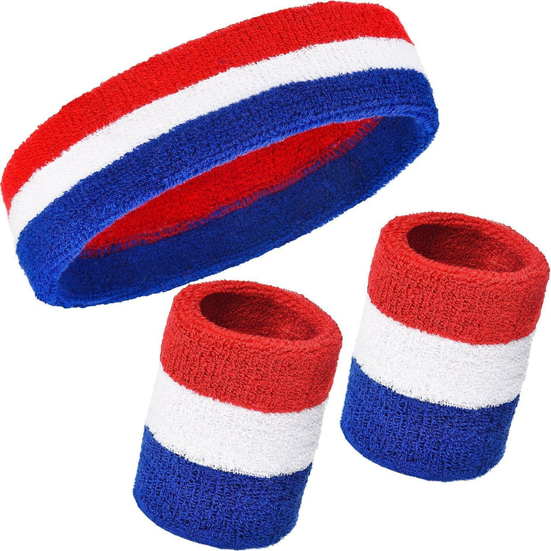 WILLBOND 3 Pieces Sweatbands Set, Includes Sports Headband and Wrist Sweatbands Cotton Striped Sweat Band for Athletic Men and Women Red, White and Blue - BeesActive Australia