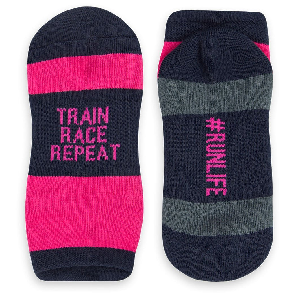 [AUSTRALIA] - Inspirational Athletic Running Socks | Women's Woven Low Cut | Train Race Repeat | Pink/Navy 
