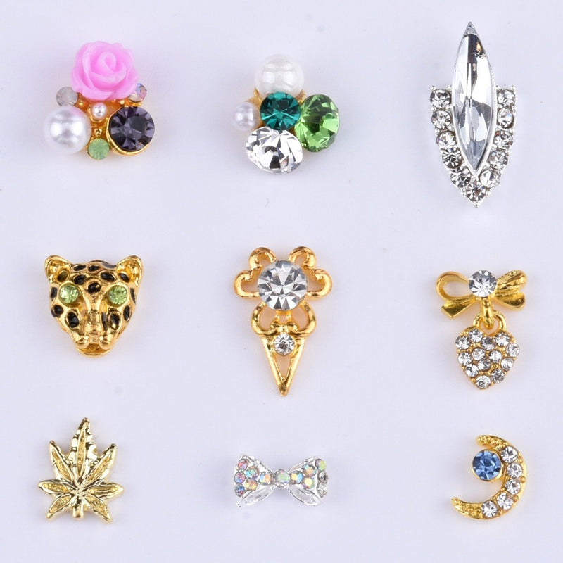 MIX New Design gold leaf charm Leopard Moon Rose flower For Nails Decoration Crystal Bow knot Heart pendant Nail Accessory Supplies 18pcs NCJM001BZT - BeesActive Australia
