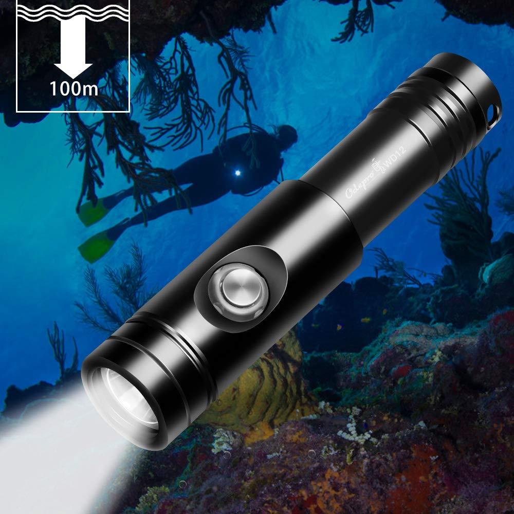 [AUSTRALIA] - Odepro WD12 Scuba Diving Flashlight 3 Modes 1050 Lumen Underwater 100m Waterproof Scuba Lights with Battery Indicator, 2pcs 3000mAh 18650 Battery, Battery Charger 