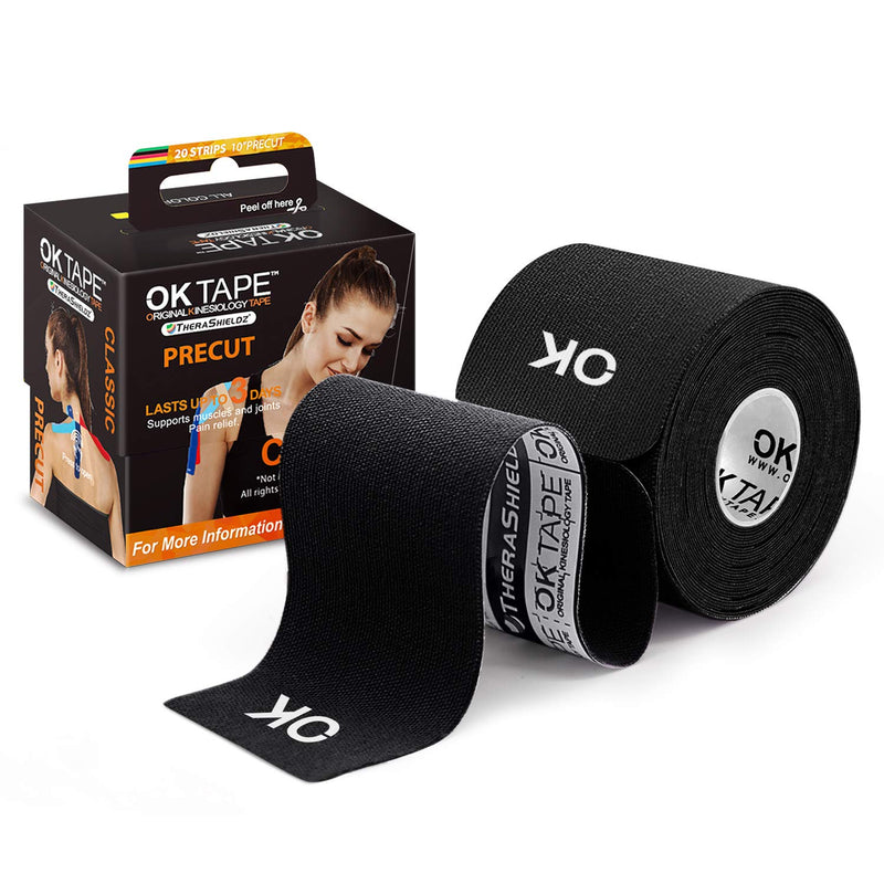 OK TAPE Kinesiology Tape 10 inches Precut, 20 Strips, Cotton Elastic Athletic Tape Latex Free, 2inch x 16ft, Black - BeesActive Australia