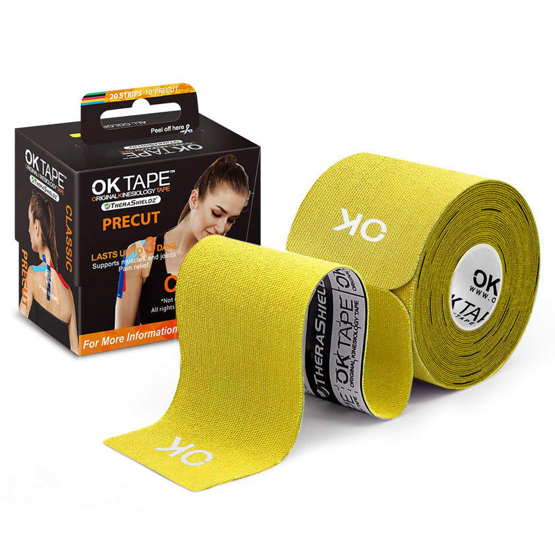 OK TAPE Kinesiology Tape 10 inches Precut, 20 Strips, Cotton Elastic Athletic Tape Latex Free, 2inch x 16ft, Yellow - BeesActive Australia