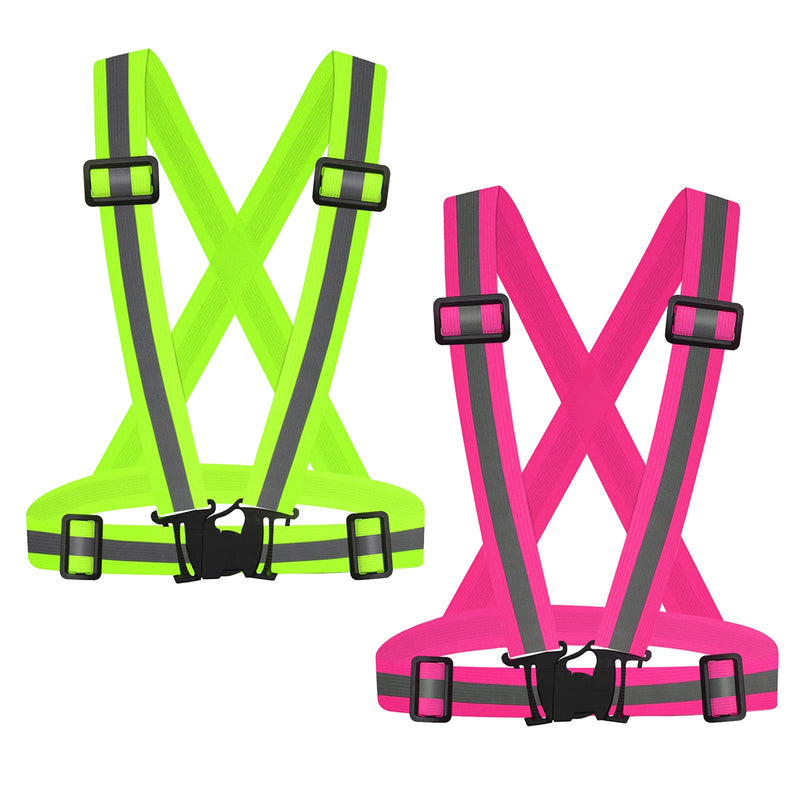 SAWNZC Running Reflective Vest Gear 2Pack, Adjustable Safety VES High Visible Reflective Belt Straps for Night Running Outdoor Cycling Motorcycle Dog Walk Jogging Fluorescent Green+pink - BeesActive Australia