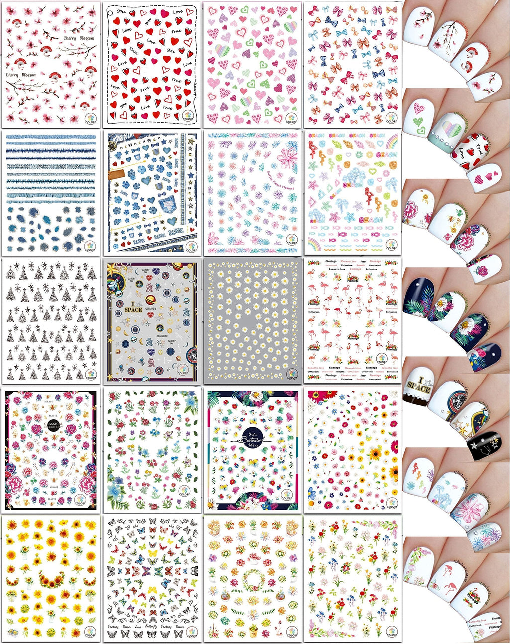 Nail Art Stickers Potpourri - Flamingos, Hearts, Bows, Flowers, Bows, Denim, Planets, 20-Pack/CA-VII/ - BeesActive Australia