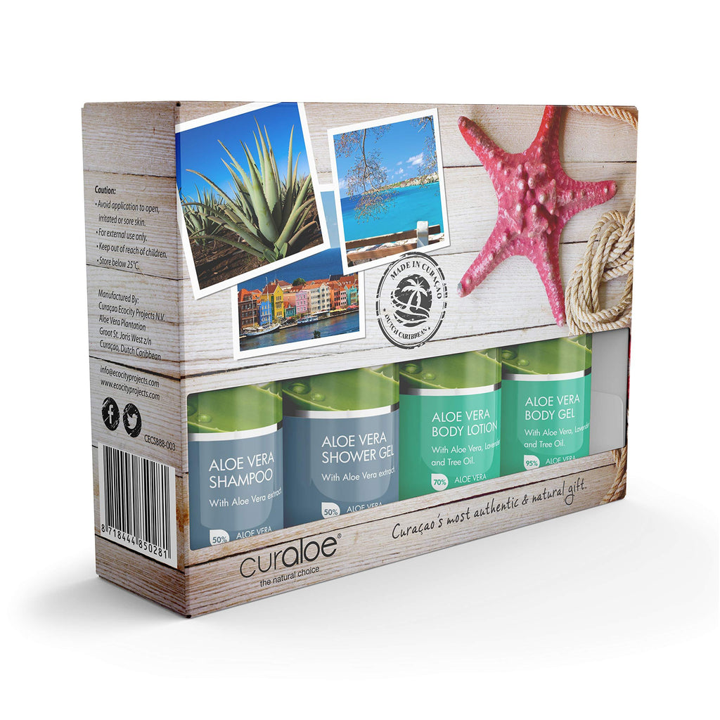 Aloe Vera Gift Set by Curaloe| Organic Body Gel, Bath/Shower Gel, Hair Shampoo, Body Lotion Samples| Great Value for Women and Men| Pure - The Plant in a Bottle | TSA Approved Travel Size 4 Pack - BeesActive Australia