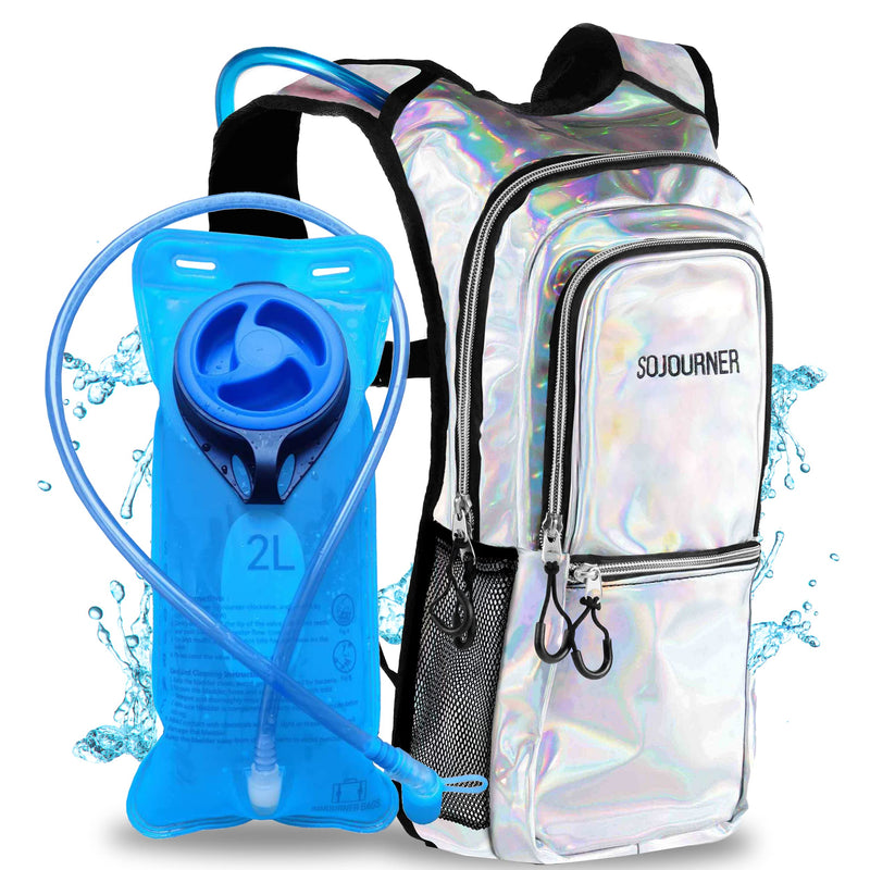 Sojourner Hydration Pack, Hydration Backpack - Water Backpack with 2l Hydration Bladder, Festival Essential - Rave Hydration Pack Hydropack Hydro for Hiking, Running, Biking, Festival Gear Holographic - Silver - BeesActive Australia